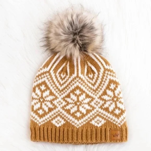 Camel White Knit Snowflake Pattern Knit Fleece Lined Faux Fur Pom Beanie Hat - Picture 3 of 3